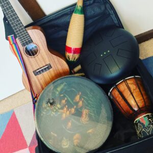 A selection of instruments used for music therapy in Melbourne. There is a ukulele, an ocean drum, a small djembe and a cabassa.