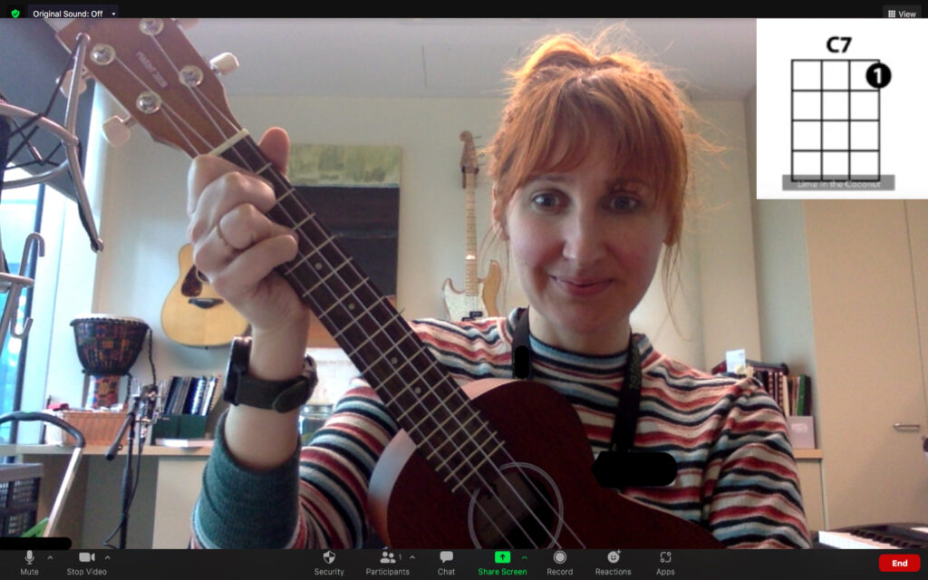 Online music therapy session with ukulele